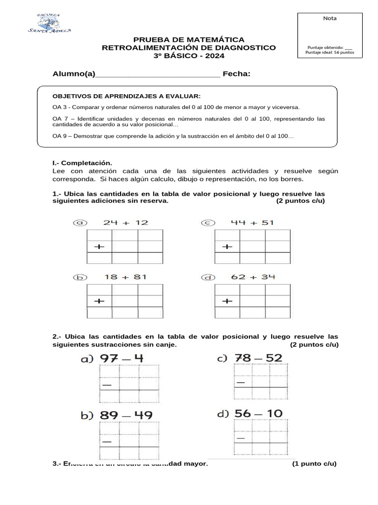 Prueba de Matemáticas 3º Básico 2024 | PDF