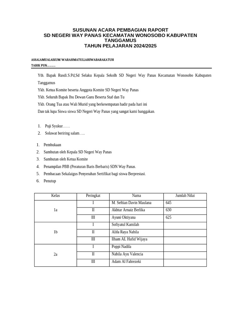 Susunan Acara Pembagian Raport | PDF