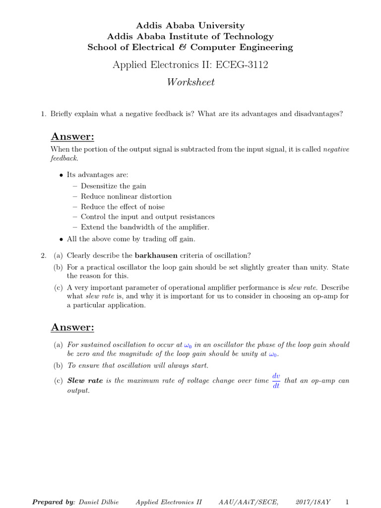 Applied Electronics II Worksheet | PDF | Amplifier | Operational Amplifier