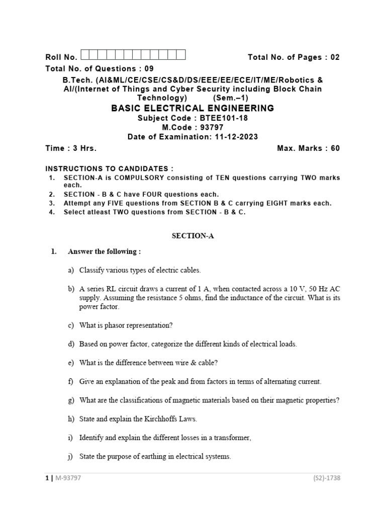 BEEE 1st Sem Exam Question Paper 2023 | PDF | Electromagnetic Induction ...