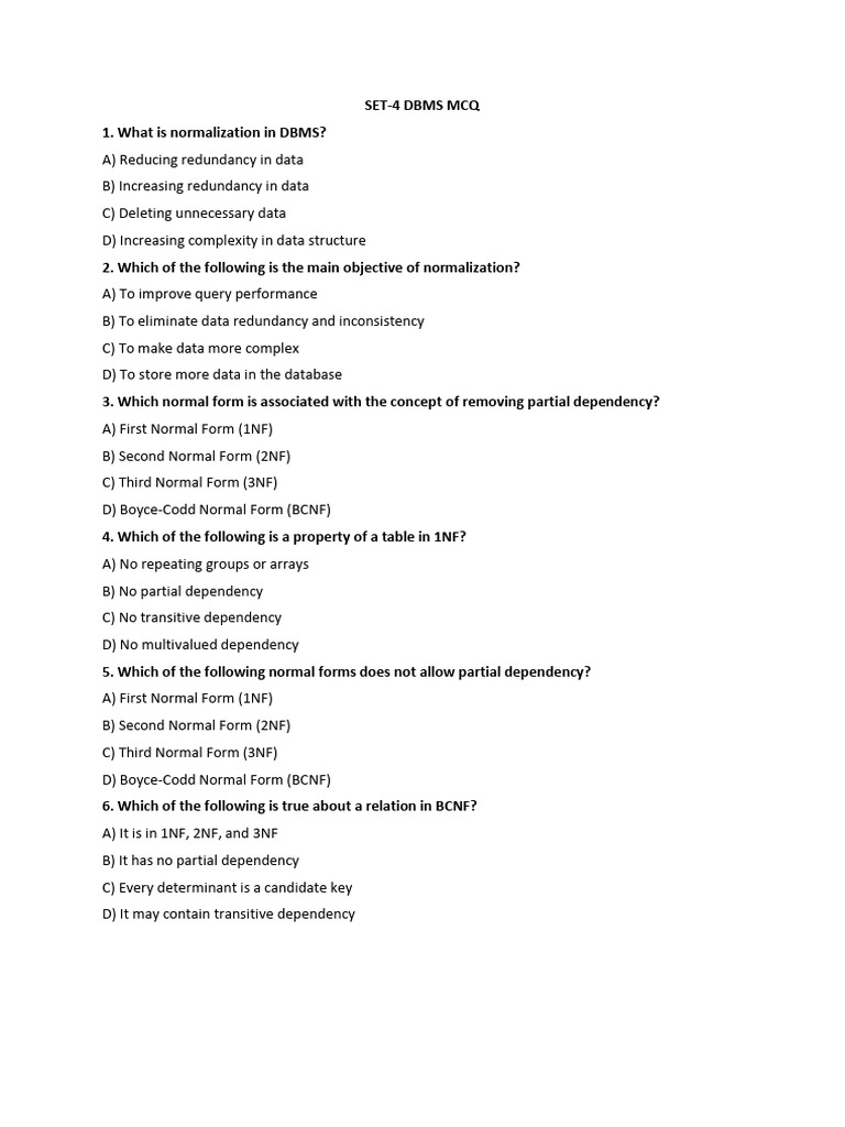 DBMS Normalization MCQs Guide | PDF | Software Design | Computing