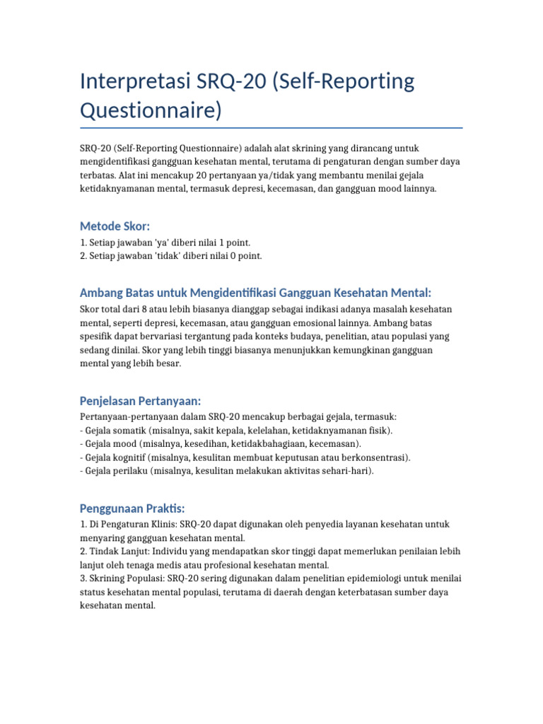 Interpretasi dan Skoring SRQ-20 | PDF