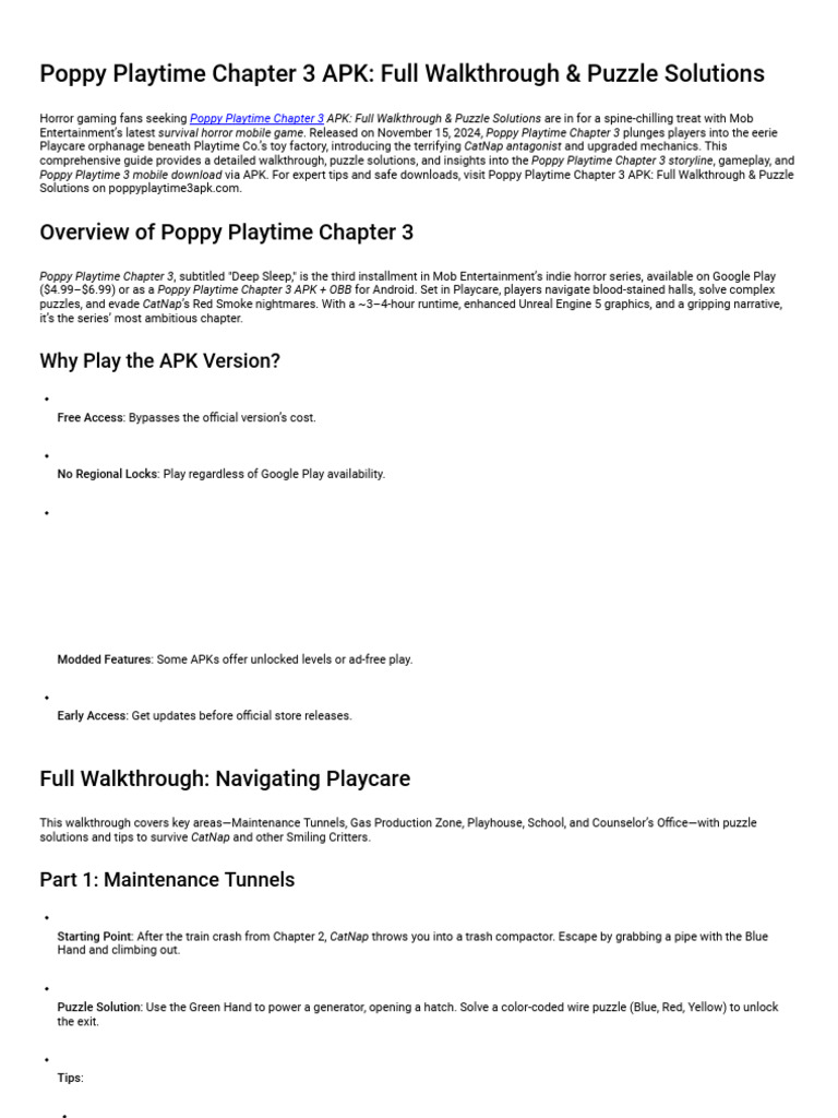Poppy Playtime Chapter 3: Walkthrough & APK Guide | PDF