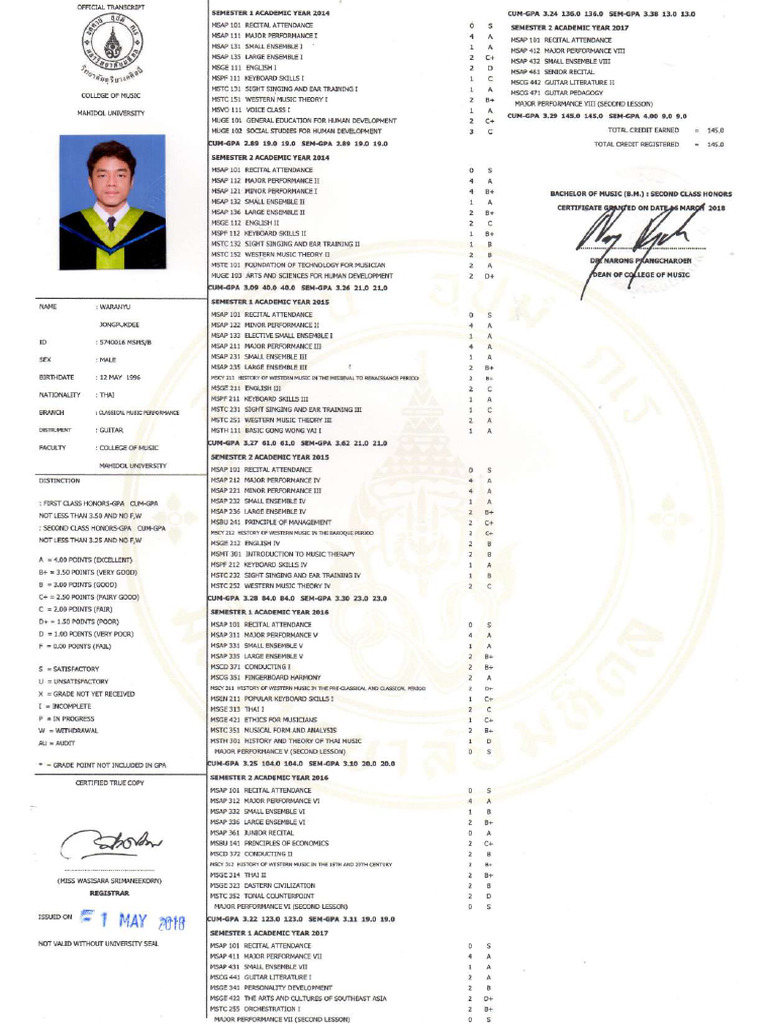 4 ใบรับรองเกรด official Transcript | PDF
