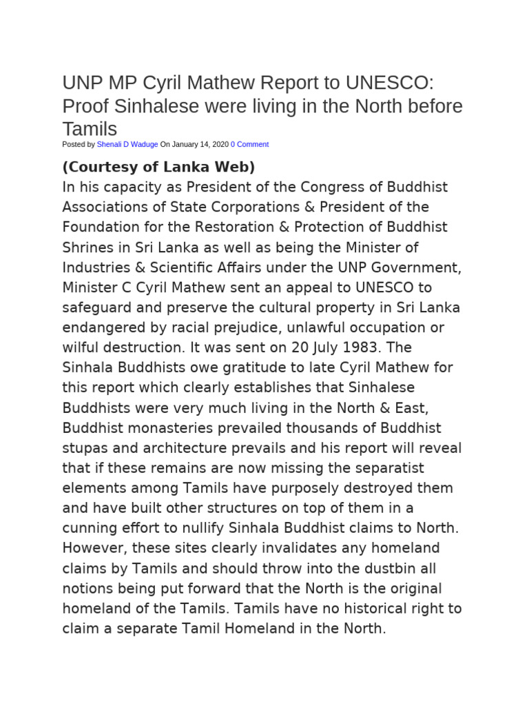 UNP MP Cyril Mathew Report To UNESCO | PDF | Sri Lanka