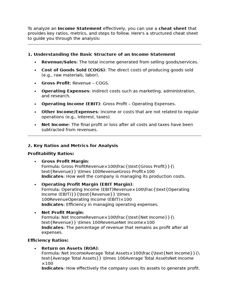 Income Statement Analysis Cheat Sheet | PDF | Revenue | Net Income