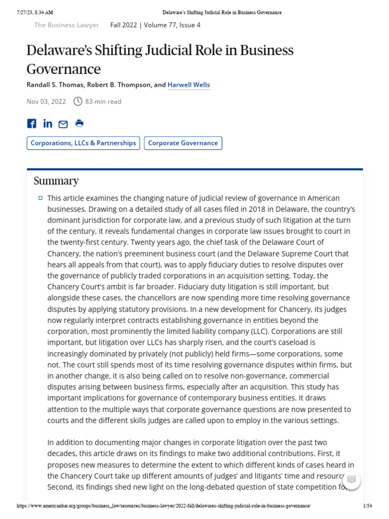 Delaware’s Shifting Judicial Role in Business Governance | PDF ...