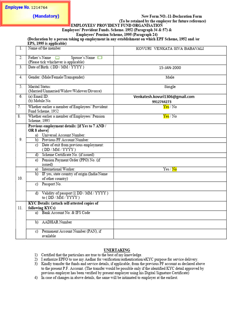 EPF Declaration Form NO.-11 Template | PDF | Access Control ...