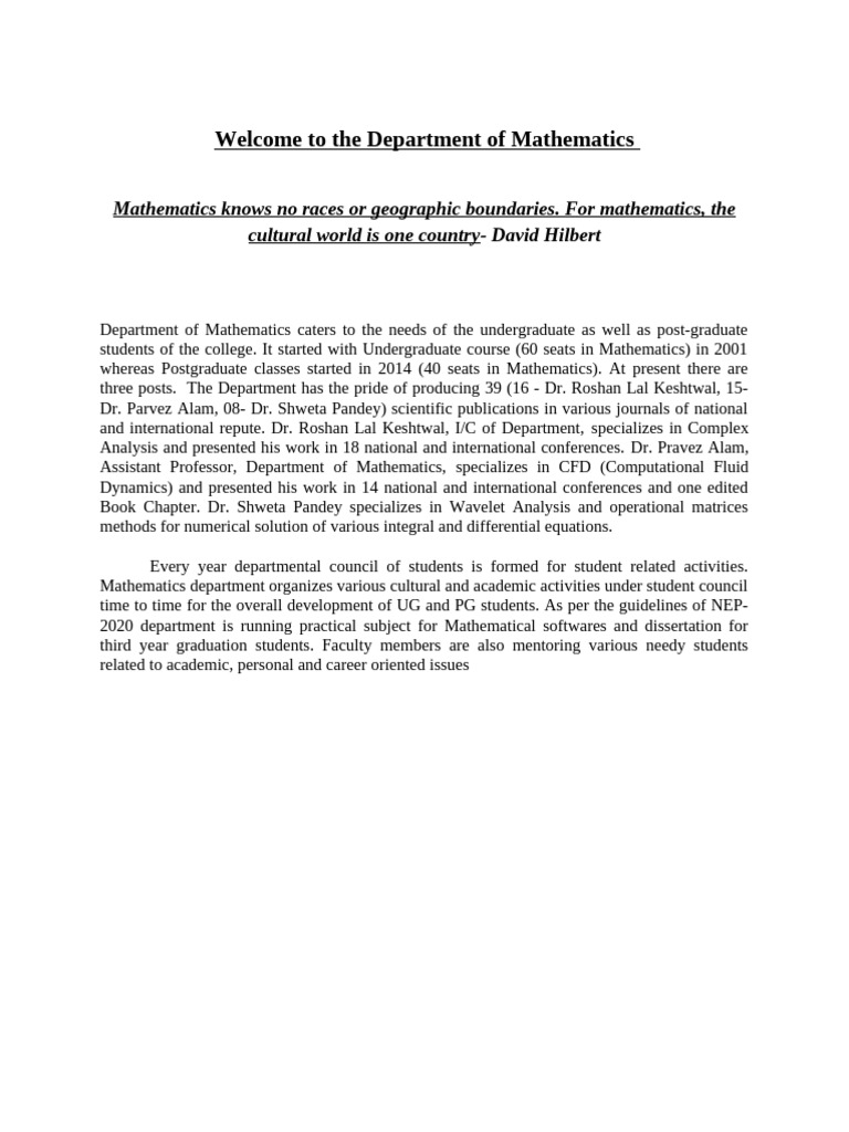 Overview of the Mathematics Department | PDF