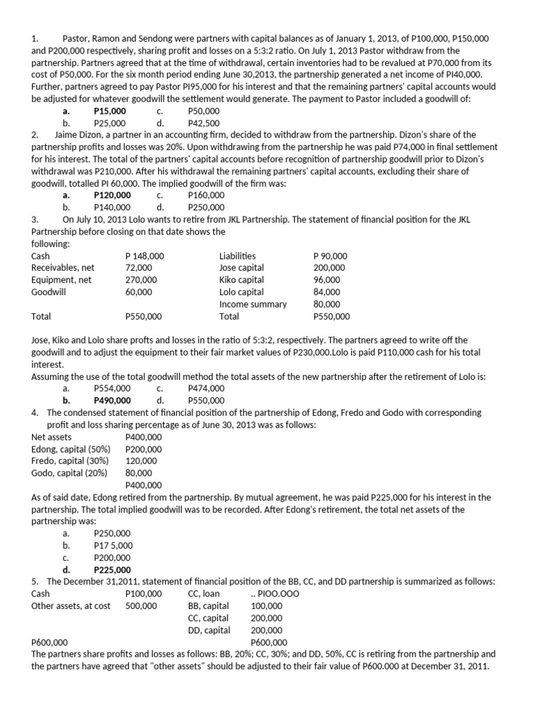 Partnership Withdrawal and Goodwill Calculations | PDF | Goodwill ...
