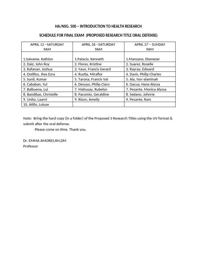 Final Exam Schedule for Research Defense | PDF