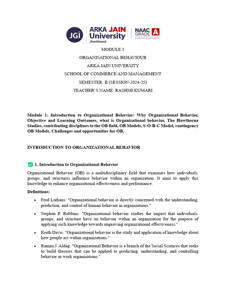Ob Module 1 Notes - Compressed | PDF | Organizational Behavior | Leadership