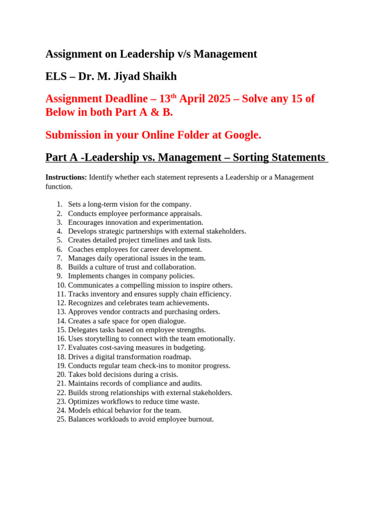 Leadership vs. Management Assignment Key | PDF | Leadership | Team Building