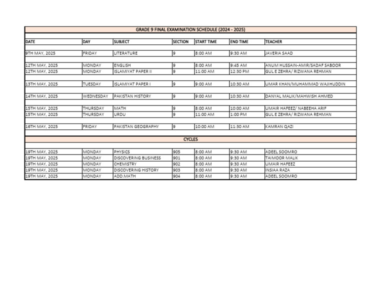 Grade 9 Final Exam Timetable 2025 | PDF