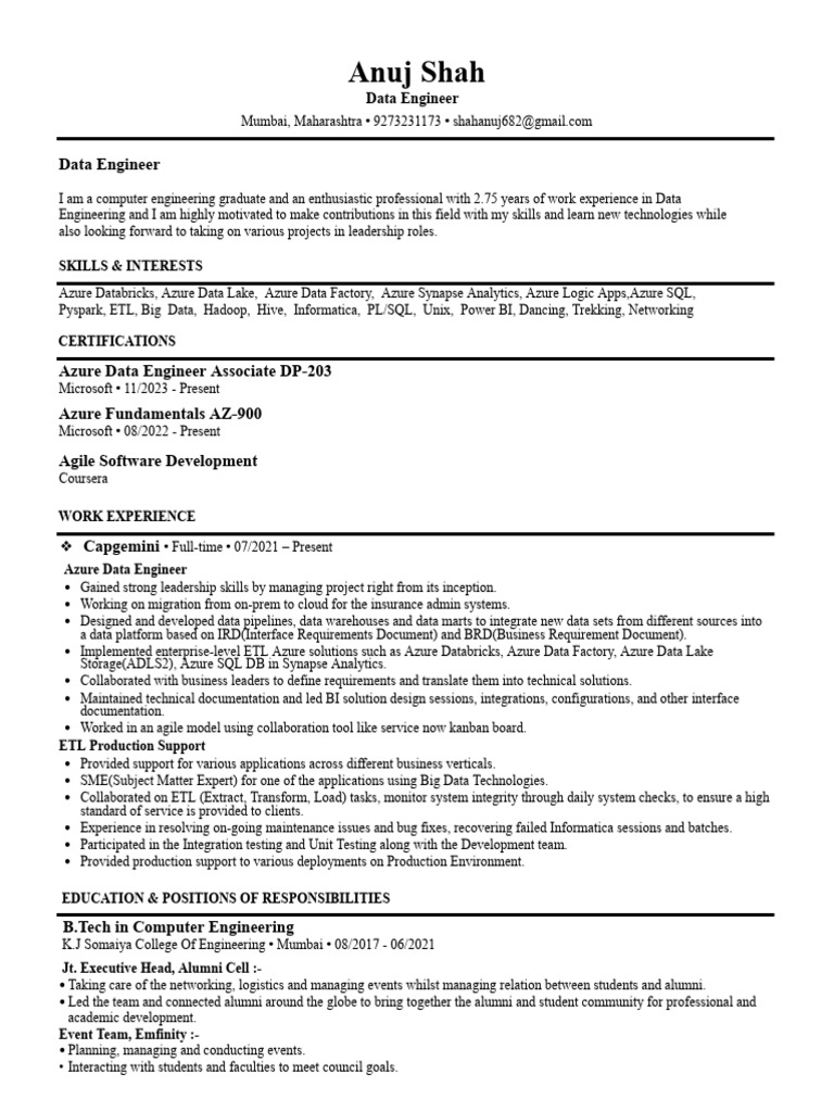 Data Engineer Profile: Anuj Shah | PDF | Microsoft Azure | Software ...
