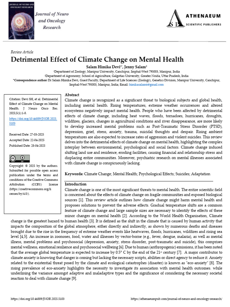 Detrimental Effect of Climate Change On Mental Health | PDF | Mental ...