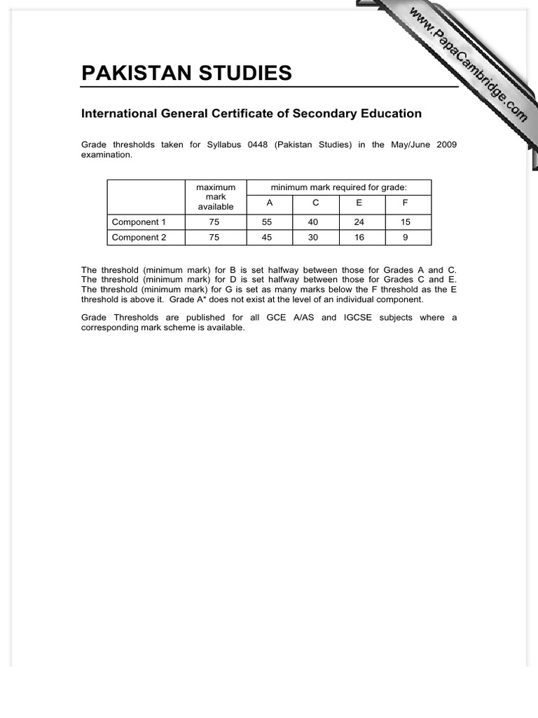 Pakistan Studies IGCSE Grade Thresholds | PDF