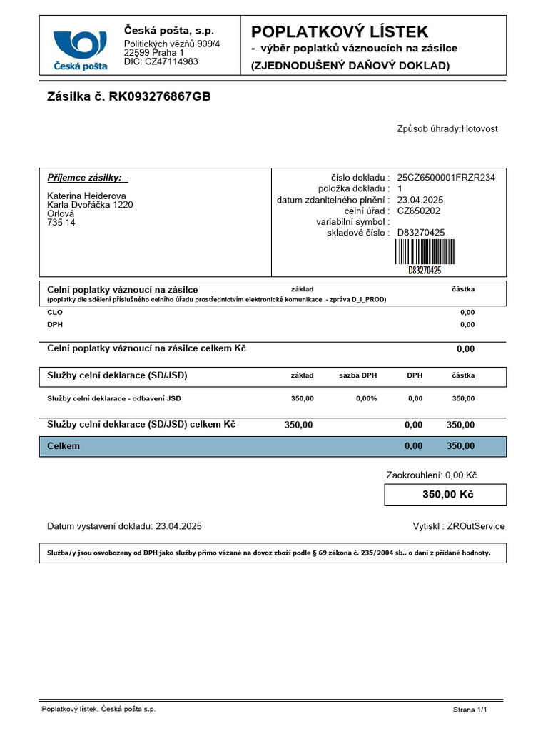 Poplatkový Lístek PL25300658 | PDF