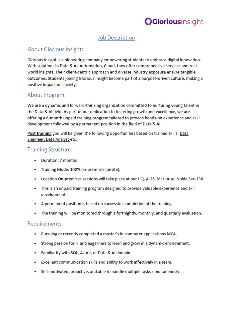 Job Description - Glorious Insight PVT LTD | PDF | Artificial ...
