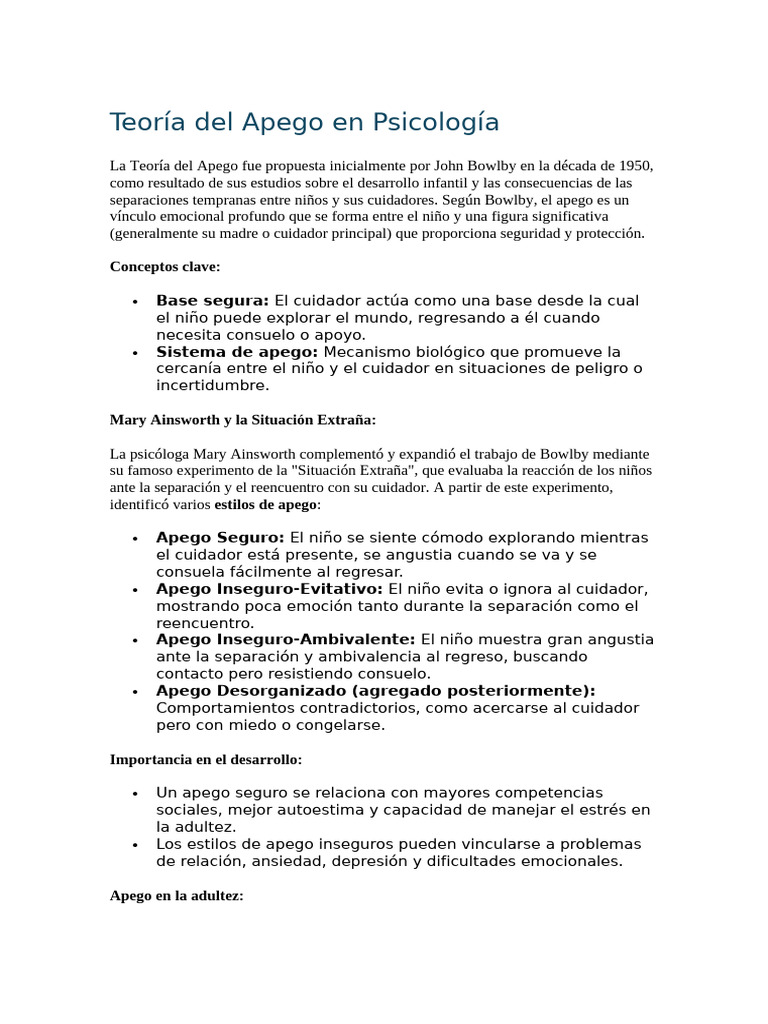 Teoría del Apego de Bowlby y Ainsworth | PDF | Teoría de apego ...