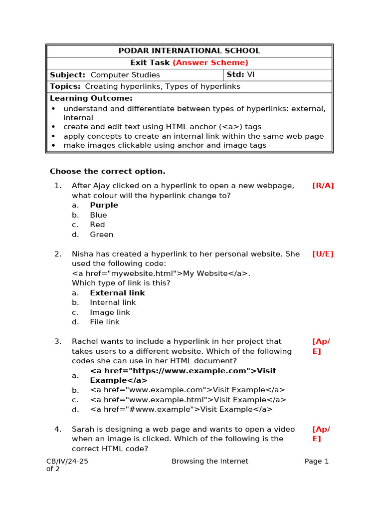 Hyperlink Creation in HTML for Grade VI | PDF | Hyperlink | Software