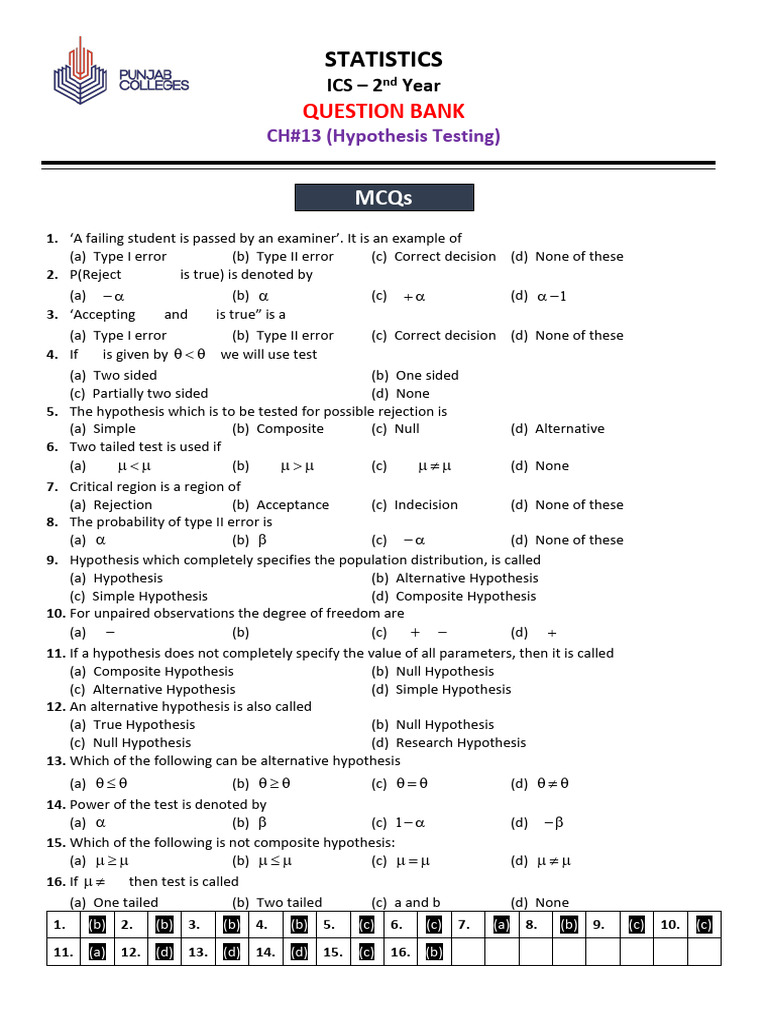 Hypothesis Testing MCQs and Questions | PDF | Type I And Type Ii Errors ...