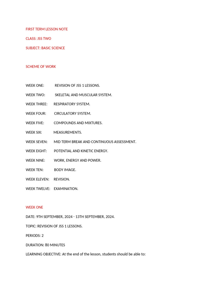 JSS 2 First Term Basic Science Plan | PDF