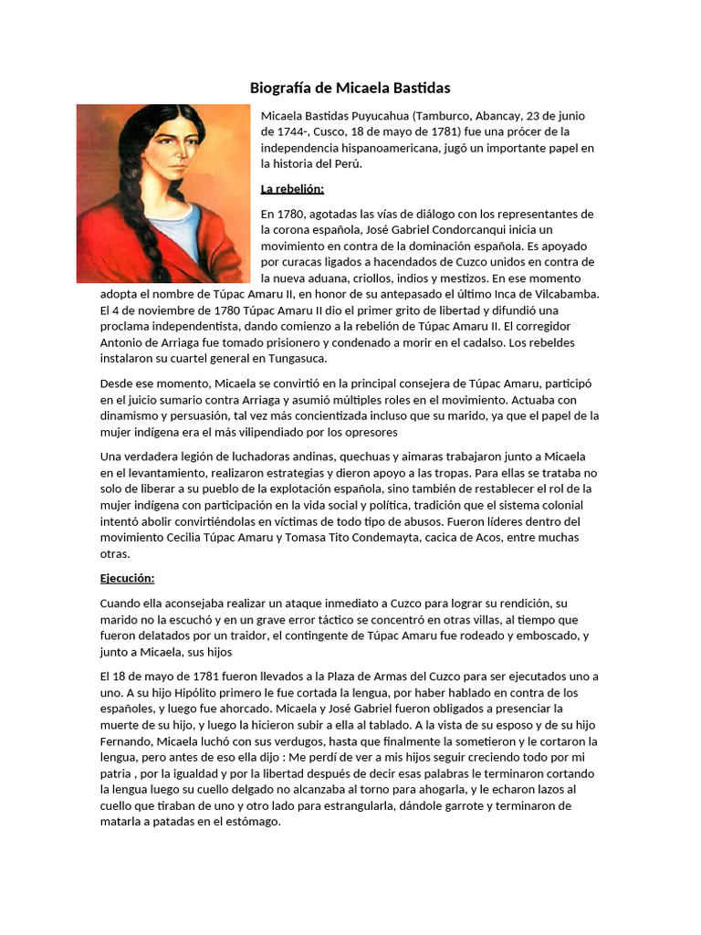 Biografía de Micaela Bastidas | PDF | America latina | América del Sur