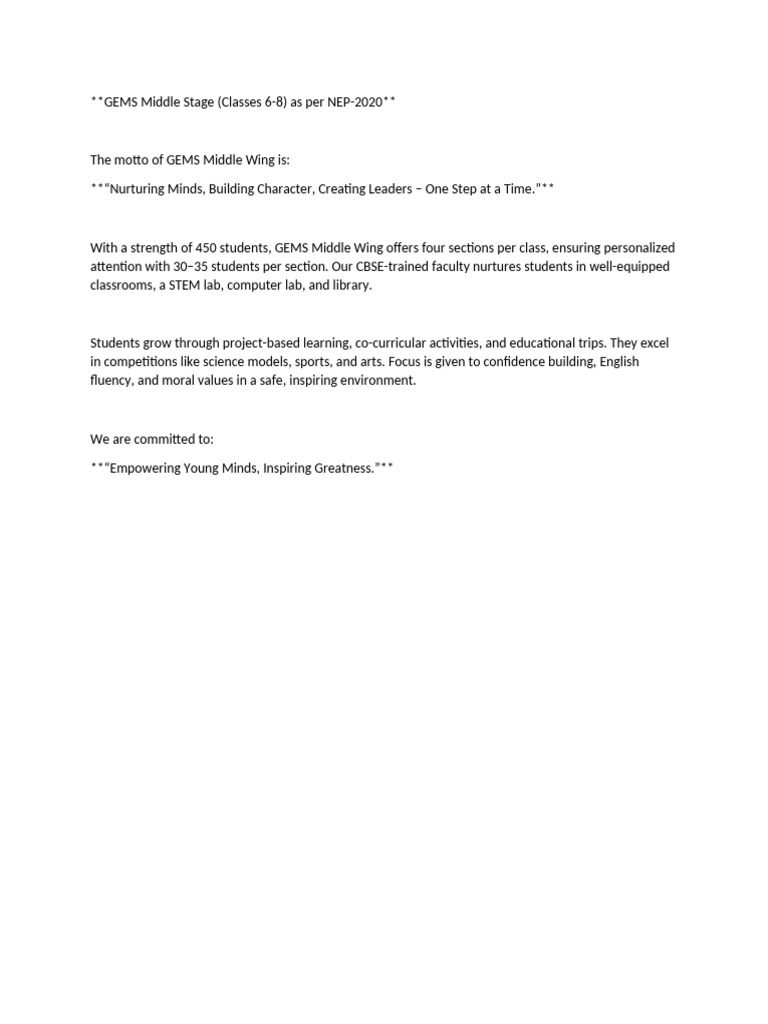 GEMS Middle Stage Overview (Classes 6-8) | PDF