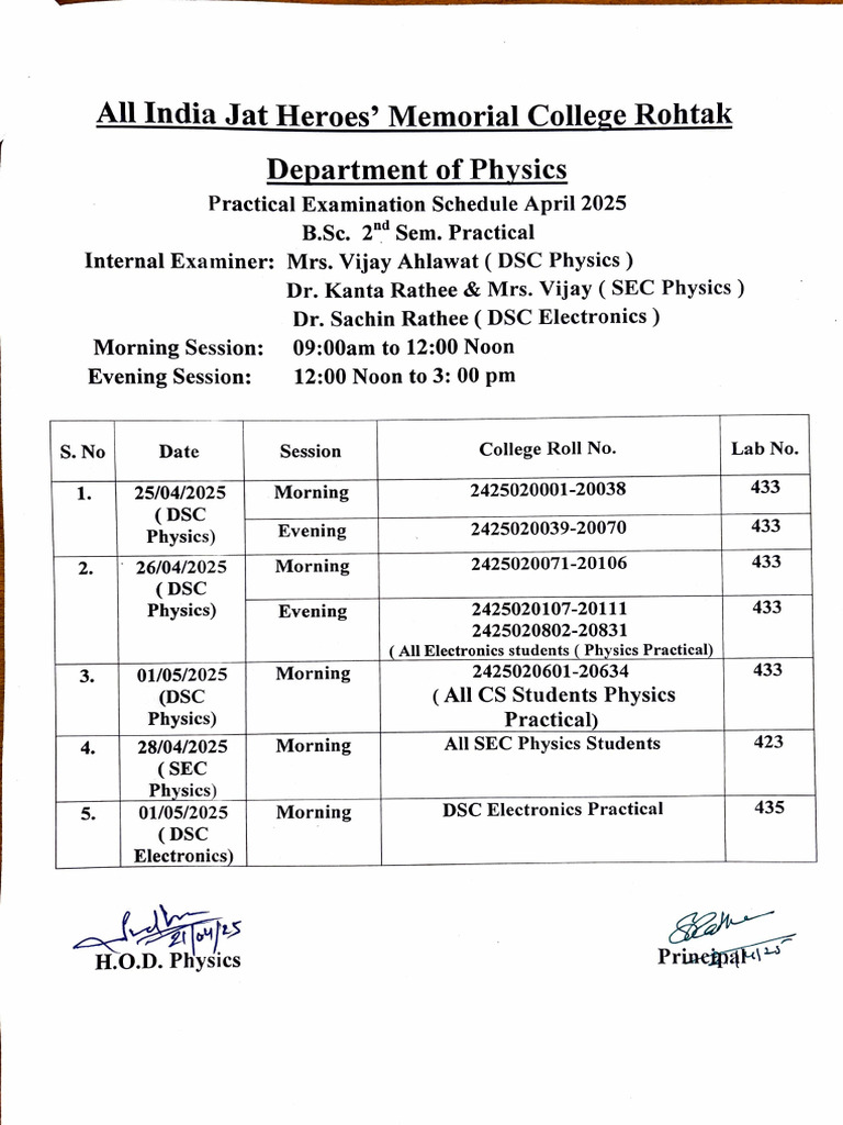 JCR Physics Practical April 2025 Schedule | PDF
