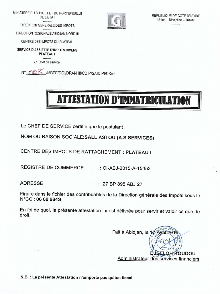 Attestation d'Immatriculation Impot | PDF