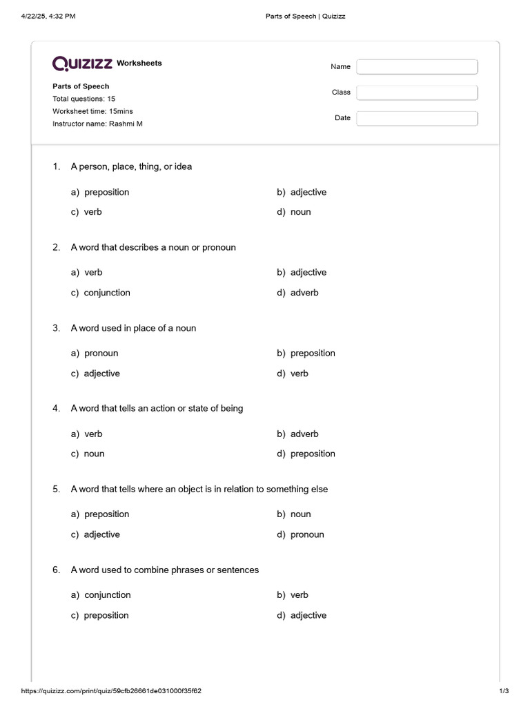 Parts of Speech Worksheet Quiz | PDF | Part Of Speech | Adverb