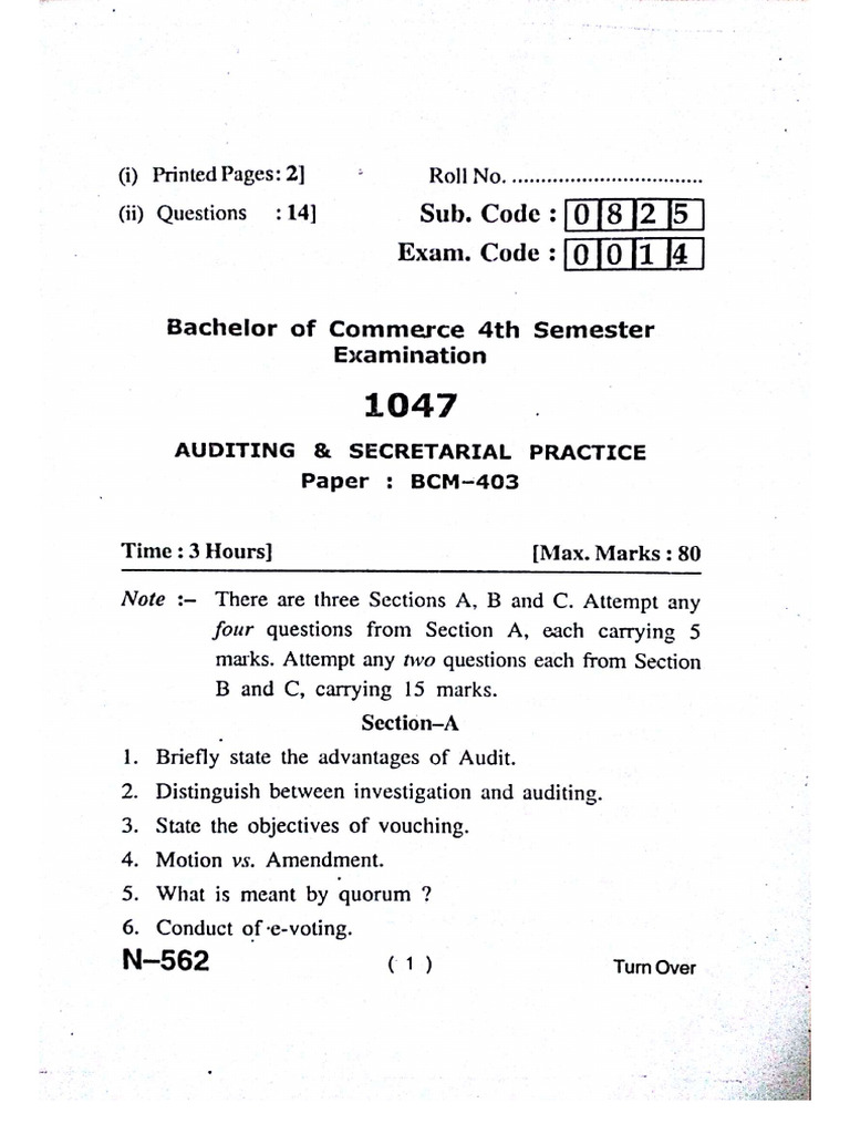 4th Sem Auditing and Secretarial Practice, Paper - BCM-403 May 2017 | PDF