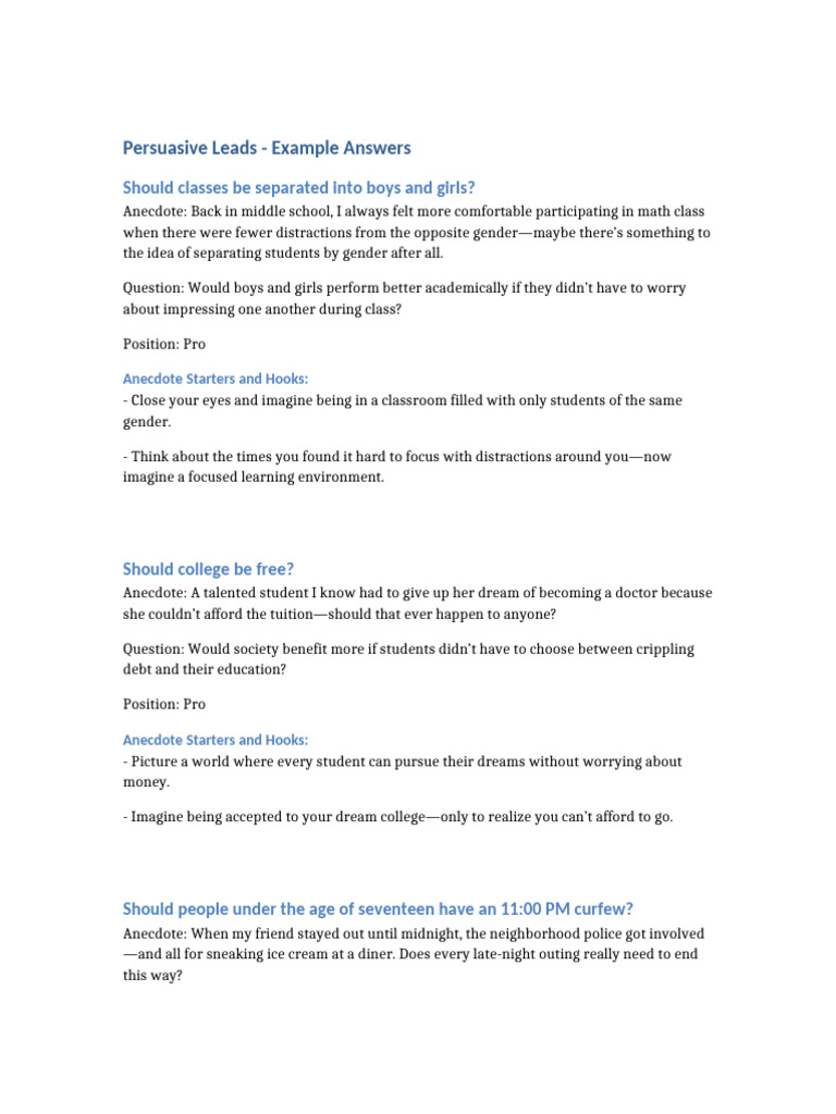 Persuasive Lead Examples and Positions | PDF