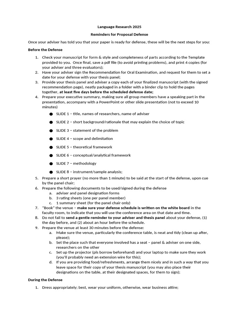 Instructions on Proposal Defense Language Research 2025 | PDF | Thesis
