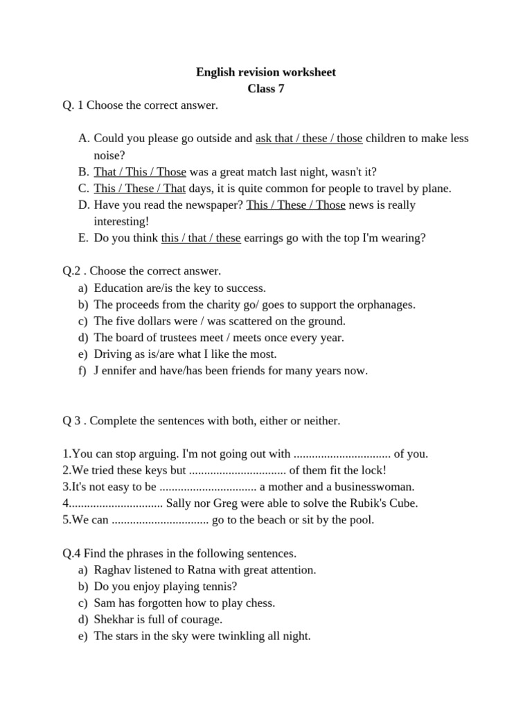 Class 7 English Grammar Worksheet | PDF | Sentence (Linguistics ...