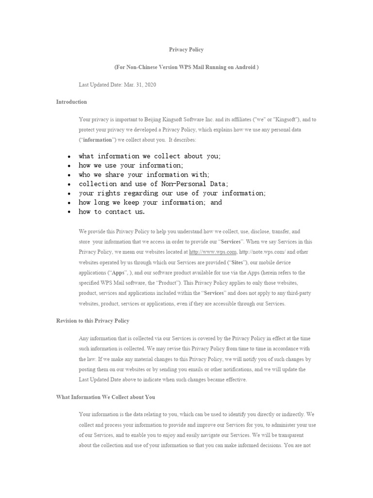 WPS Mail Privacy Policy Overview | PDF | Privacy | Mobile App