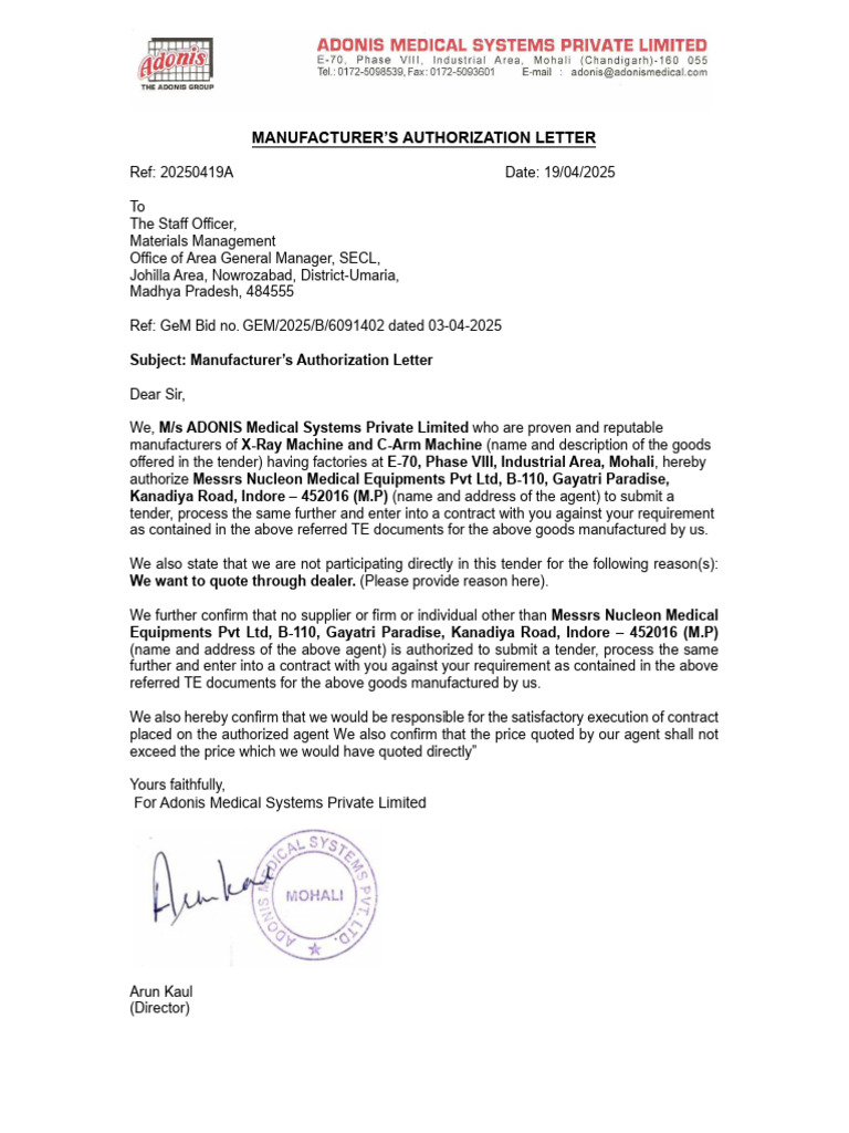 Manufacturer's Authorization for Tender | PDF