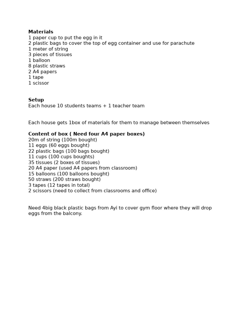 Egg Drop Challenge Materials List | PDF