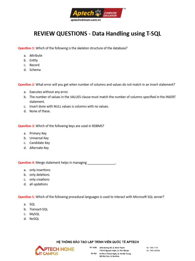 T-SQL Exam Review Questions | PDF | Table (Database) | Sql