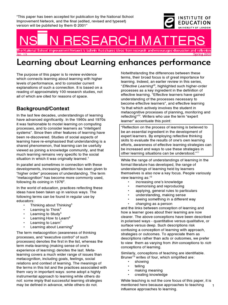 Learning About Learning and Performance | PDF | Learning | Metacognition