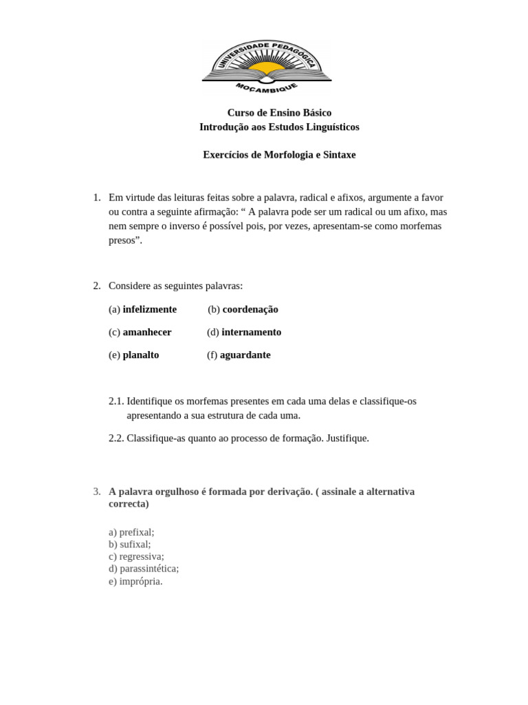 Exercícios de Morfologia e Sintaxe | PDF
