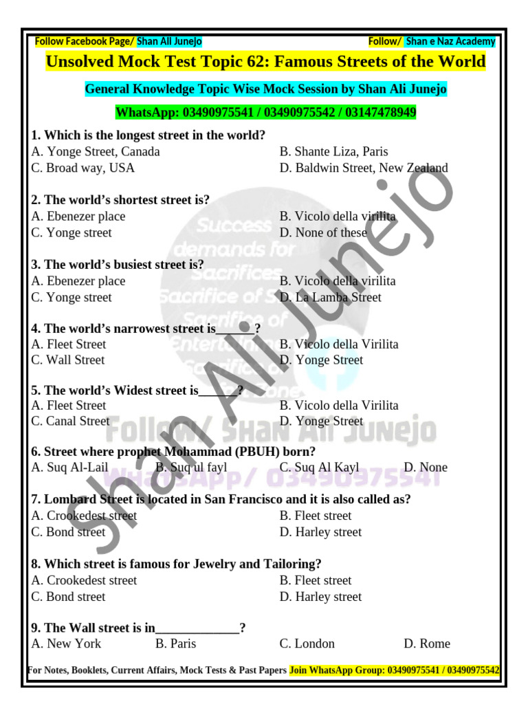Famous Streets of the World Quiz | PDF