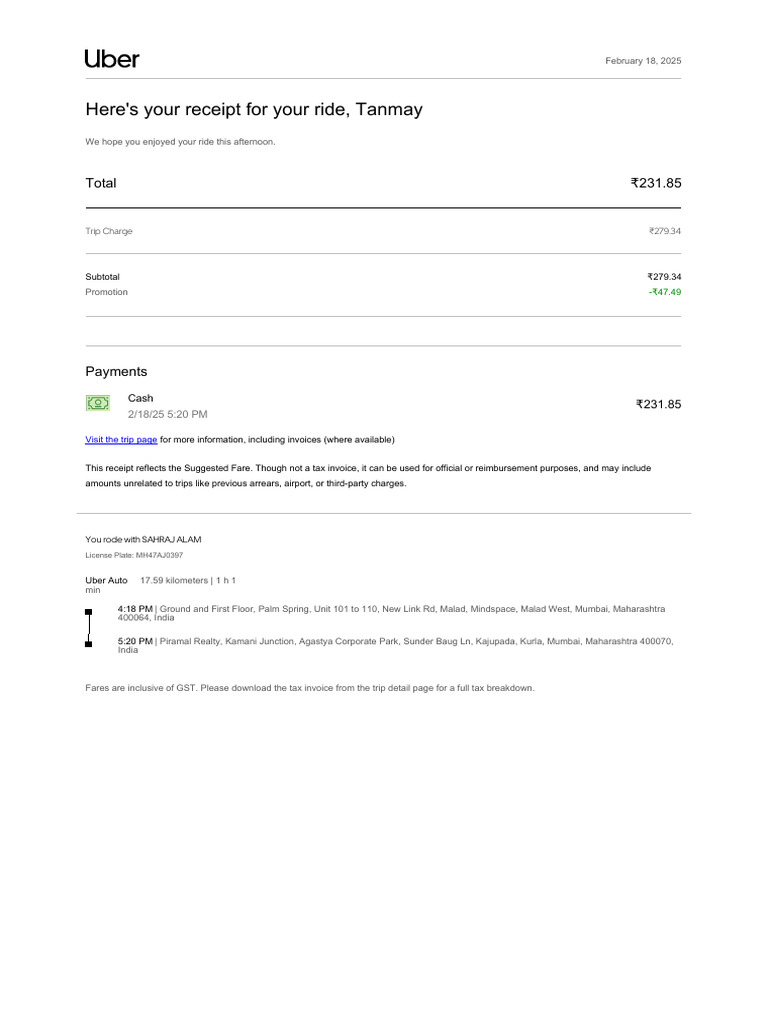 Uber Ride Receipt - February 2025 | PDF