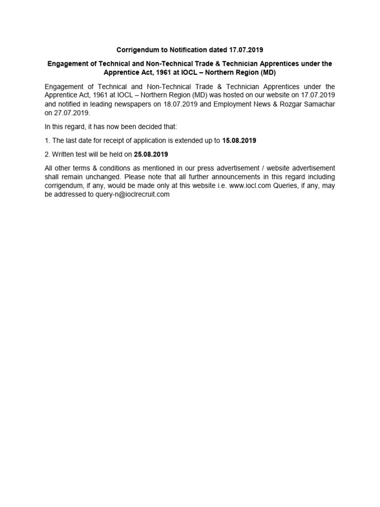Corrigendum To Notification Dated 17.07.2019 | PDF
