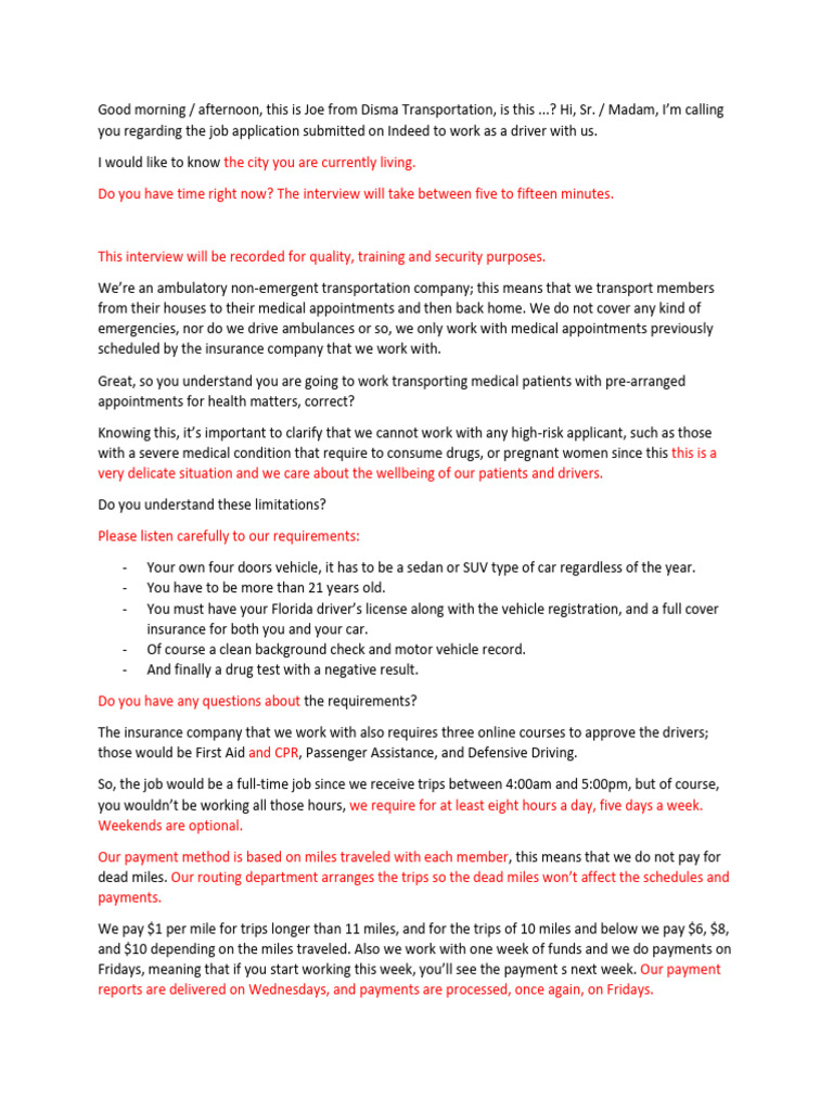 Driver Job Interview Process at Disma Transportation | PDF | Health ...