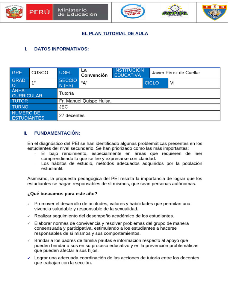 Plan de Tutoría para Secundaria en Cusco | PDF | Salón de clases