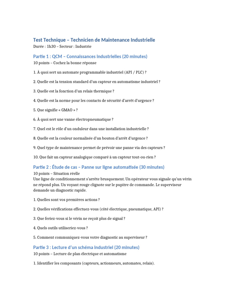Test Technique pour Technicien de Maintenance | PDF