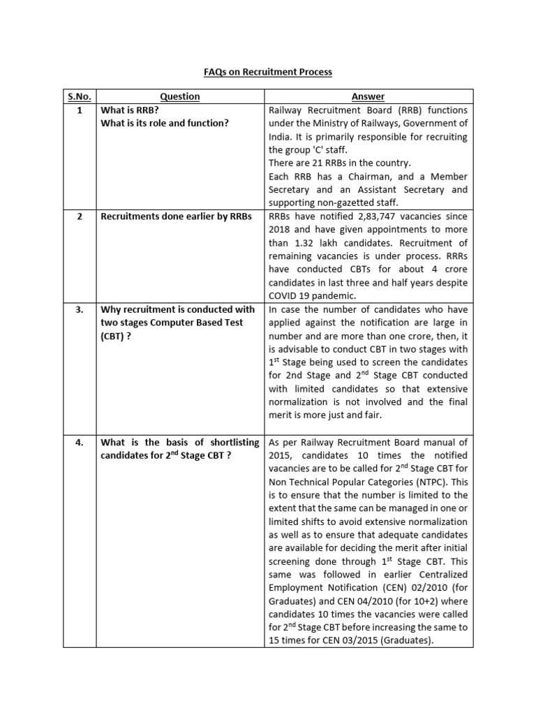 RRB Recruitment Process FAQs Explained | PDF