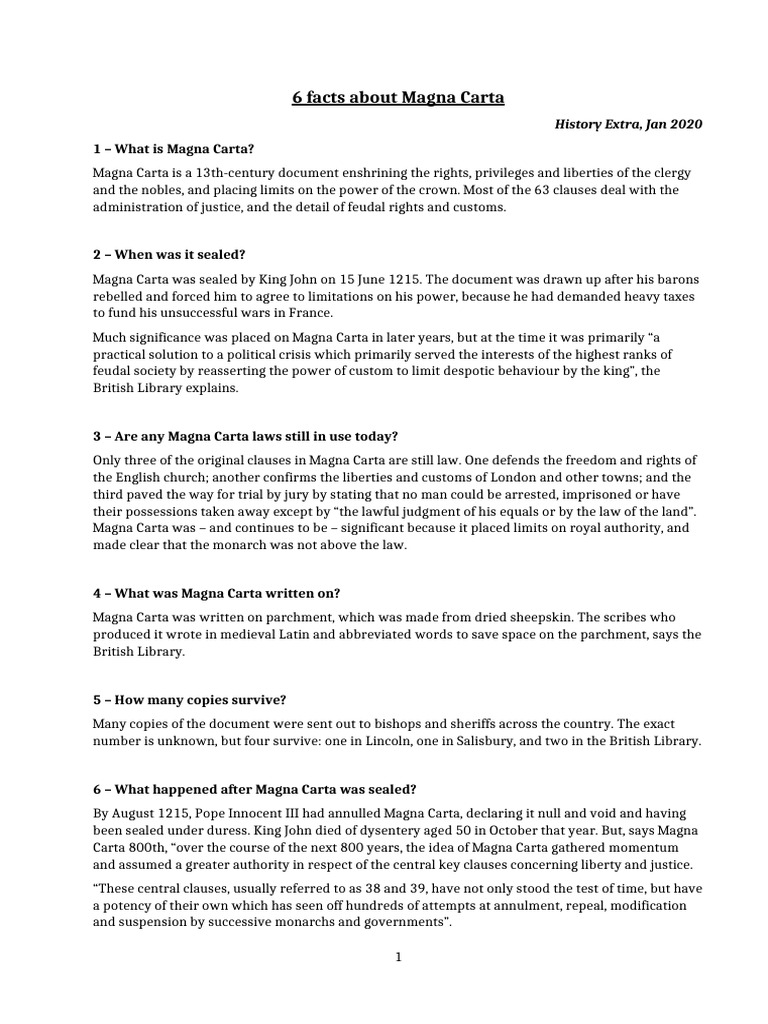 Key Facts About Magna Carta Explained | PDF | Magna Carta | Law Of The Land